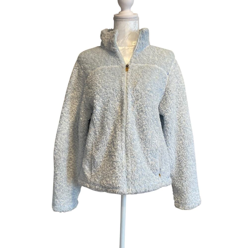 LL Bean Ice Blue Fuzzy Full Zip Polyester Outdoor Comfy Fleece Jacket Size Large
